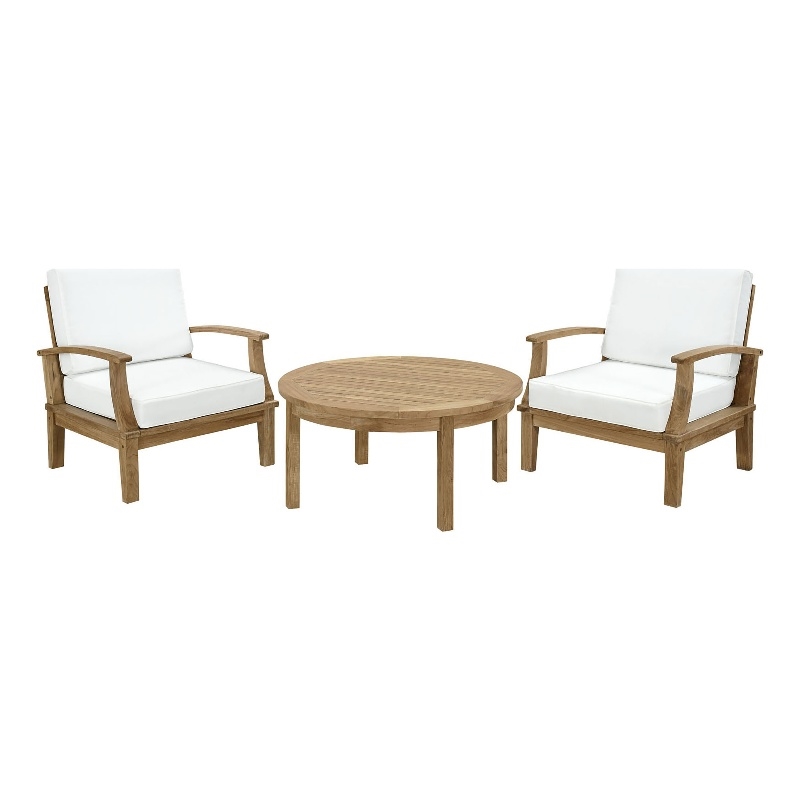 Modway Marina Modern Wood 3Piece Teak Conversation Set in Natural/White