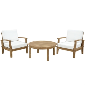 Modway Marina Modern Wood 3-Piece Teak Conversation Set in Natural/White