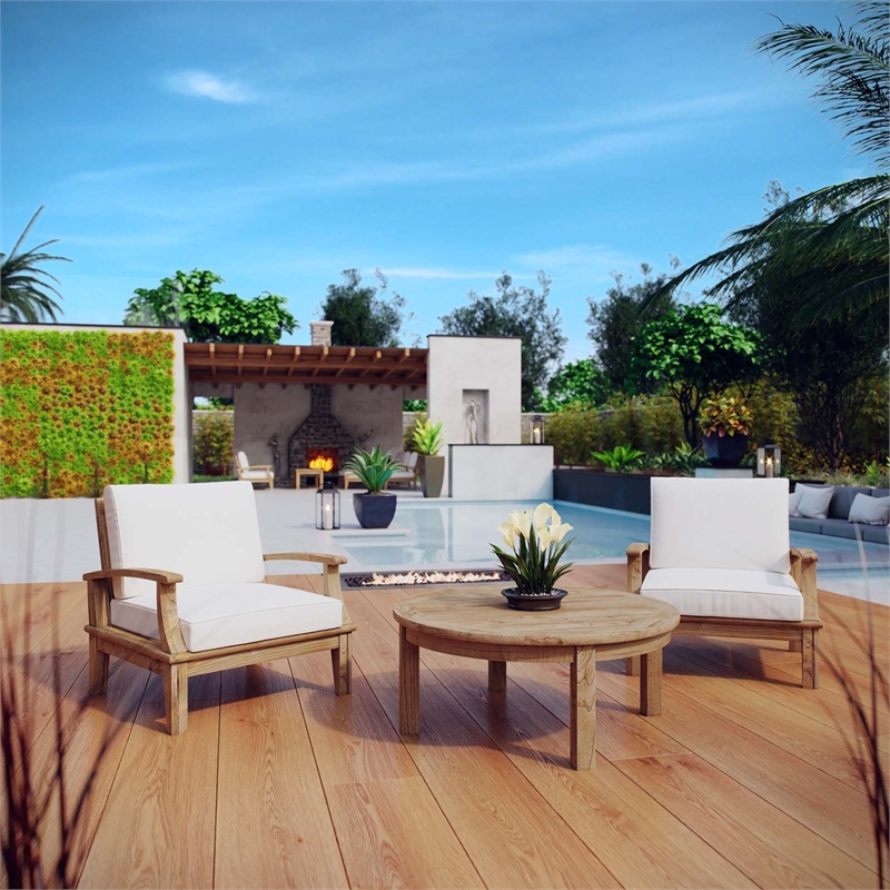 Modway Marina Modern Wood 3-Piece Teak Conversation Set in Natural/White