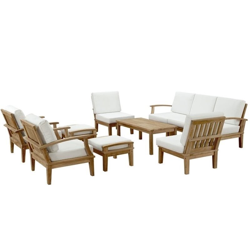 Modway Marina 10 Piece Outdoor Teak Sofa Set in Natural and White