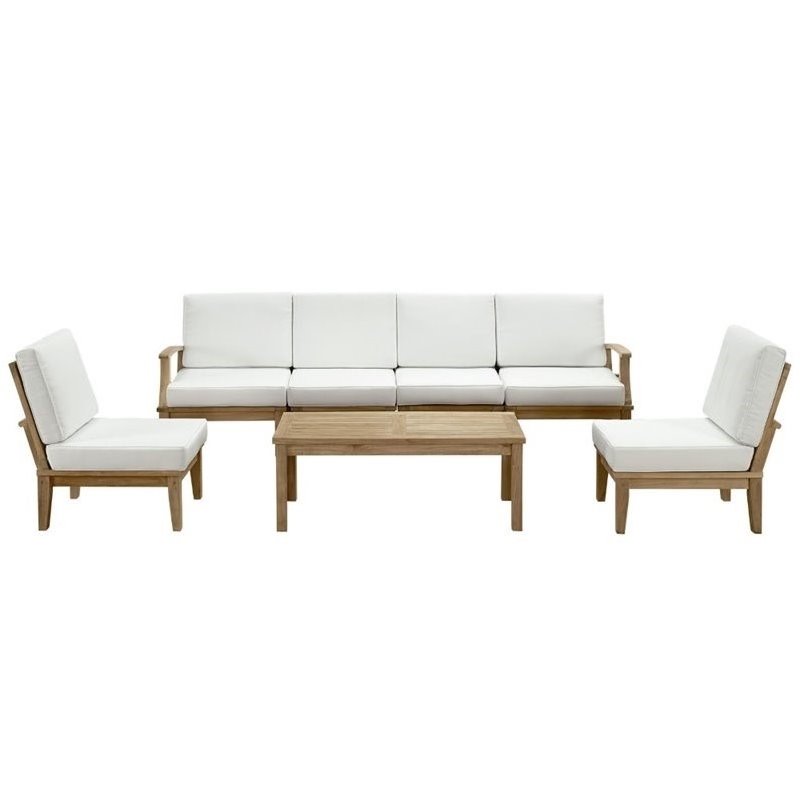 Modway Marina Modern Wood 7-Piece Patio Teak Sofa Set in Natural/White