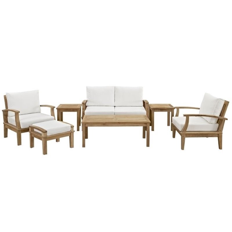 Modway Marina 7 Piece Outdoor Teak Sofa Set in Natural and White
