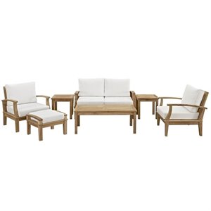 Modway Marina 7 Piece Outdoor Teak Sofa Set in Natural and White