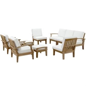 Modway Marina 9 Piece Outdoor Teak Sofa Set in Natural and White