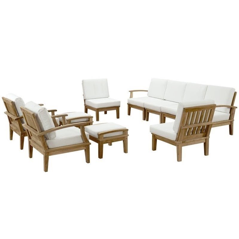 Modway Marina 10 Piece Outdoor Teak Sofa Set in Natural and White