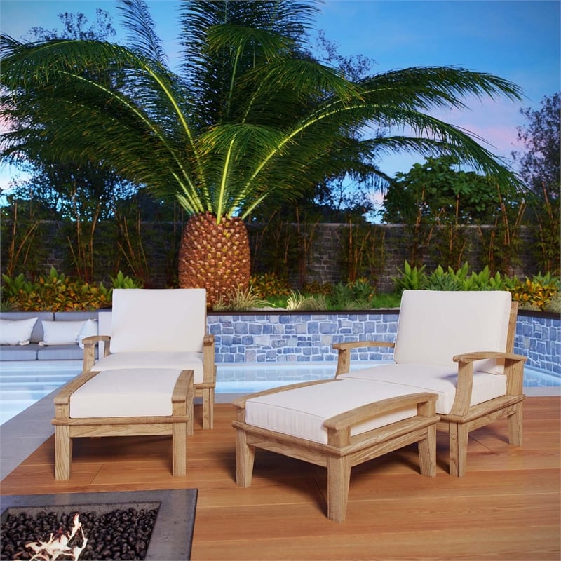 Modway Marina 4 Piece Outdoor Teak Sofa Set in Natural and White