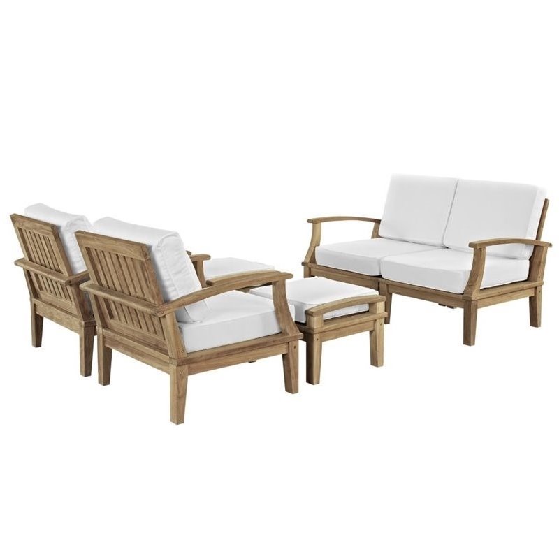 Modway Marina 6 Piece Outdoor Teak Sofa Set in Natural and White
