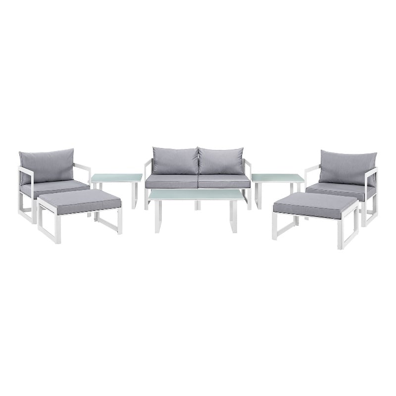 Modway Fortuna 9-Piece Aluminum Fabric Patio Sectional Sofa Set - White/Gray