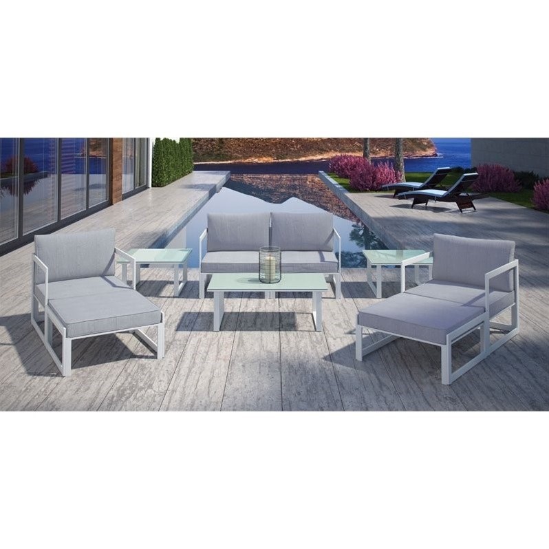 Modway Fortuna 9-Piece Aluminum Fabric Patio Sectional Sofa Set - White/Gray