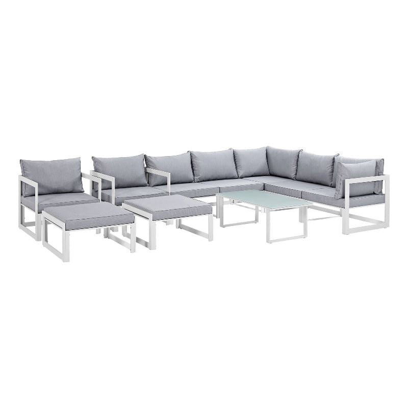 Modway Fortuna 10-Piece Aluminum Fabric Patio Sectional Sofa Set in White/Gray