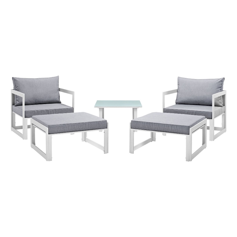 Modway Fortuna 5-Piece Aluminum Fabric Patio Sectional Sofa Set - White/Gray