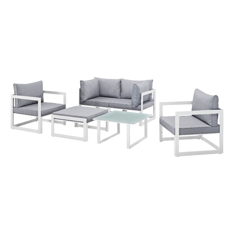 Modway Fortuna 6-Piece Aluminum Fabric Patio Sectional Sofa Set - White/Gray