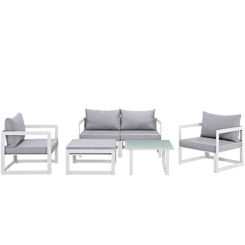 Modway Fortuna 6-Piece Aluminum Fabric Patio Sectional Sofa Set - White/Gray