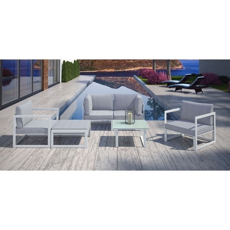 Modway Fortuna 6-Piece Aluminum Fabric Patio Sectional Sofa Set - White/Gray