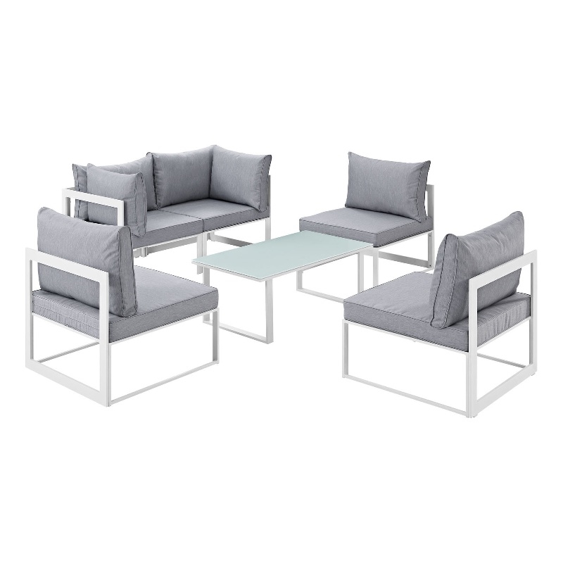 Modway Fortuna 6-Piece Aluminum Fabric Patio Sectional Sofa Set in Gray/White