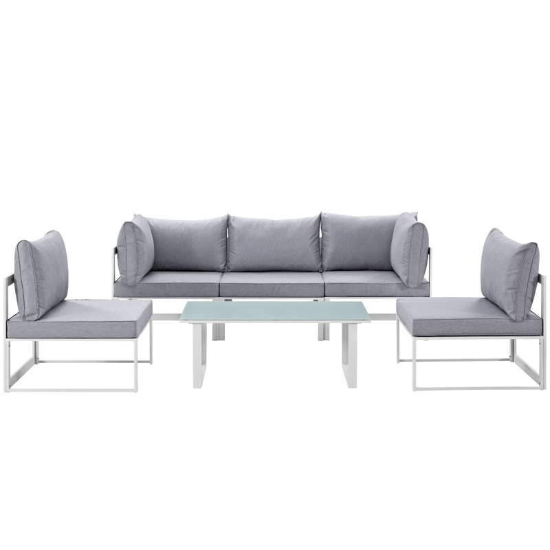 Modway Fortuna 6-Piece Aluminum Fabric Patio Sectional Sofa Set in Gray/White
