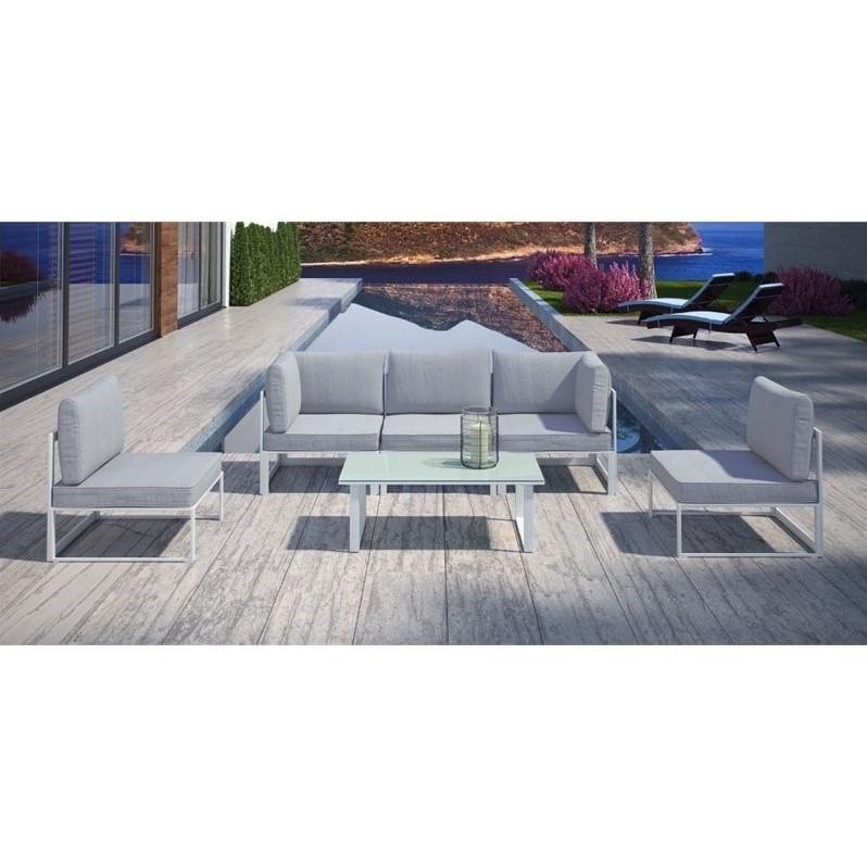 Modway Fortuna 6-Piece Aluminum Fabric Patio Sectional Sofa Set in Gray/White