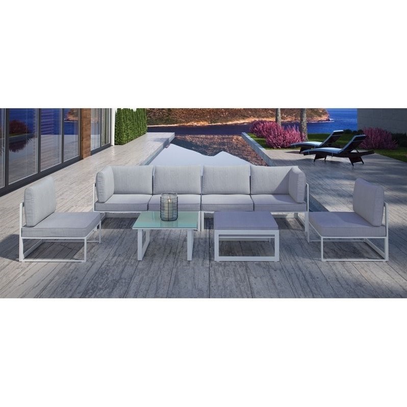 Modway Fortuna 8-Piece Aluminum Fabric Patio Sectional Sofa Set in Gray/White