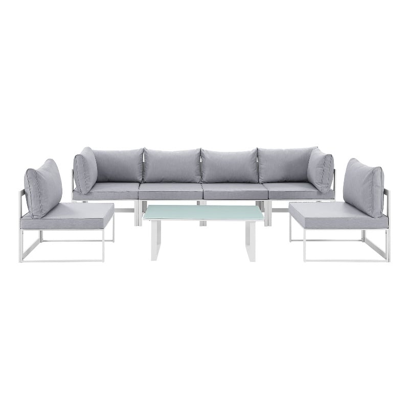 Modway Fortuna 7-Piece Aluminum Fabric Patio Sectional Sofa Set in Gray/White