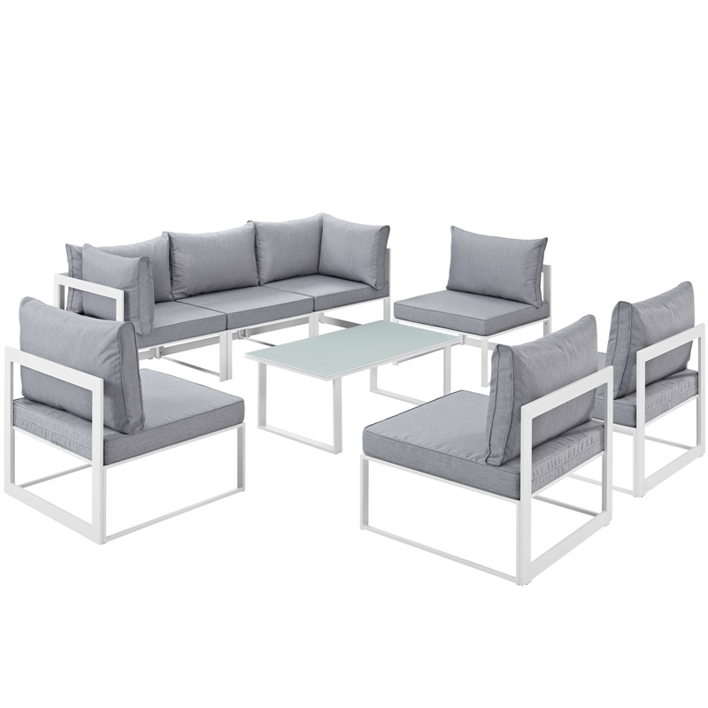 Modway Fortuna 8-Piece Fabric Patio Sectional Sofa Set in White/Gray