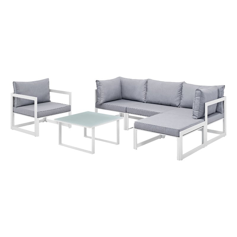 Modway Fortuna 6-Piece Fabric Patio Sectional Sofa Set in White/Gray