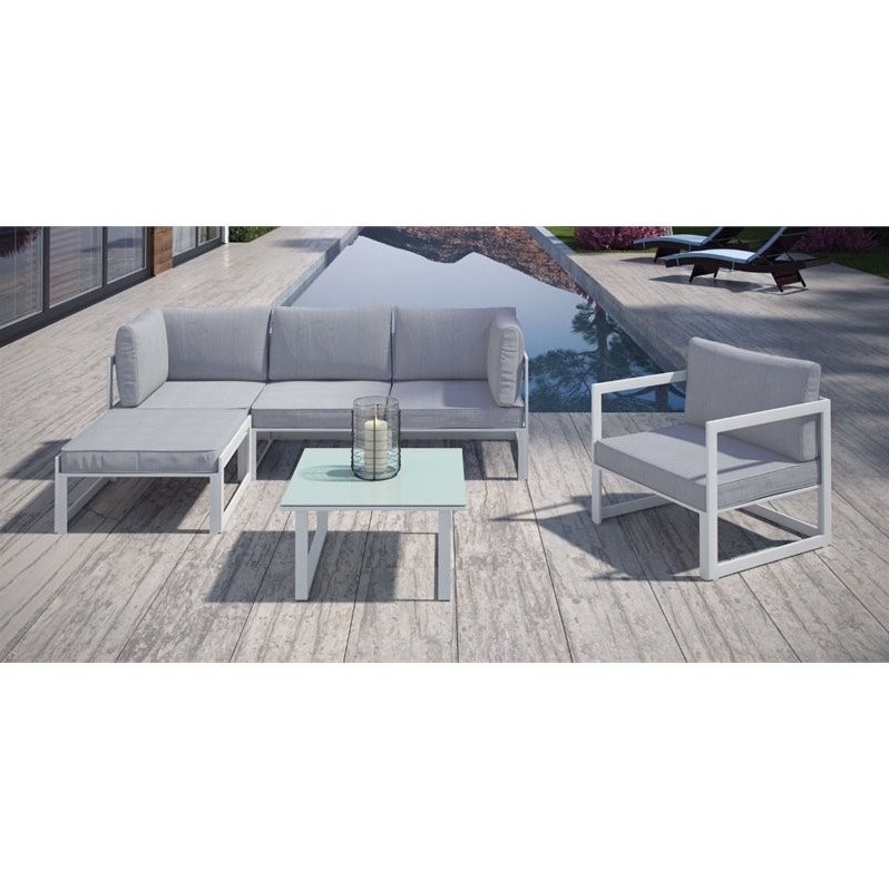 Modway Fortuna 6-Piece Fabric Patio Sectional Sofa Set in White/Gray