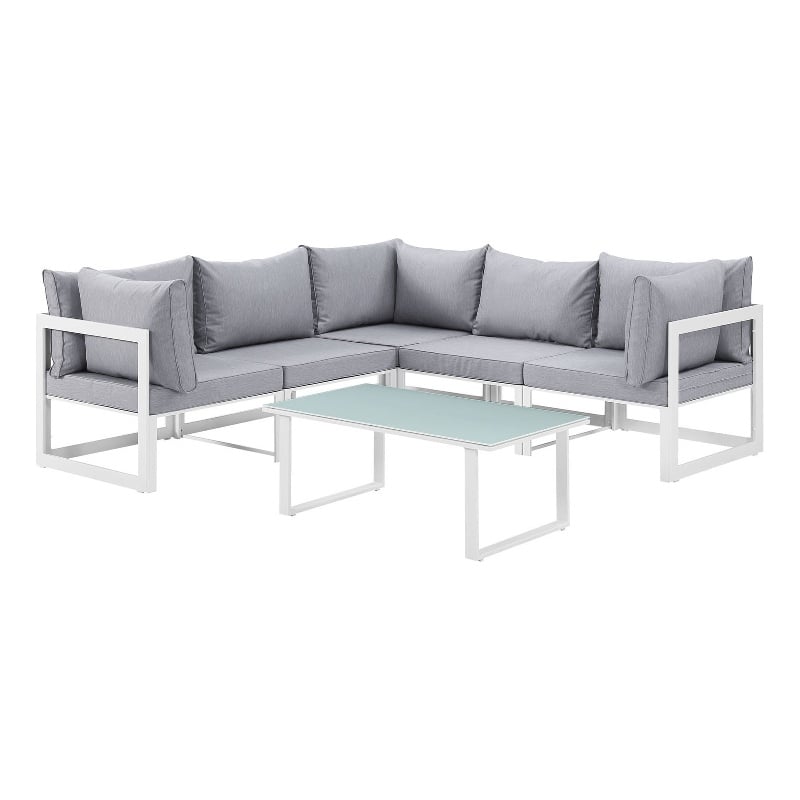 Modway Fortuna 6-Piece Aluminum Fabric Patio Sectional Sofa Set in White/Gray