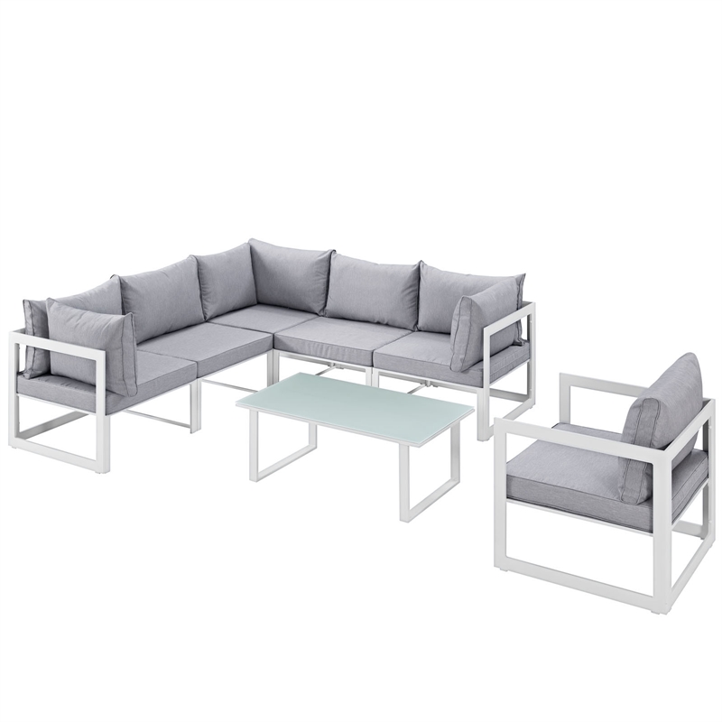 Modway Fortuna 7-Piece Fabric Patio Sectional Sofa Set in White/Gray