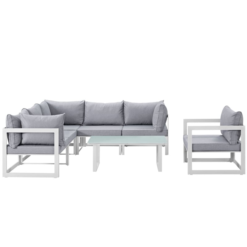 Modway Fortuna 7-Piece Fabric Patio Sectional Sofa Set in White/Gray