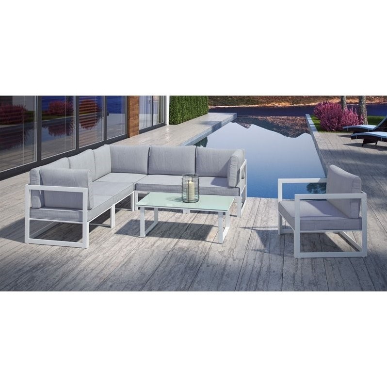 Modway Fortuna 7-Piece Fabric Patio Sectional Sofa Set in White/Gray