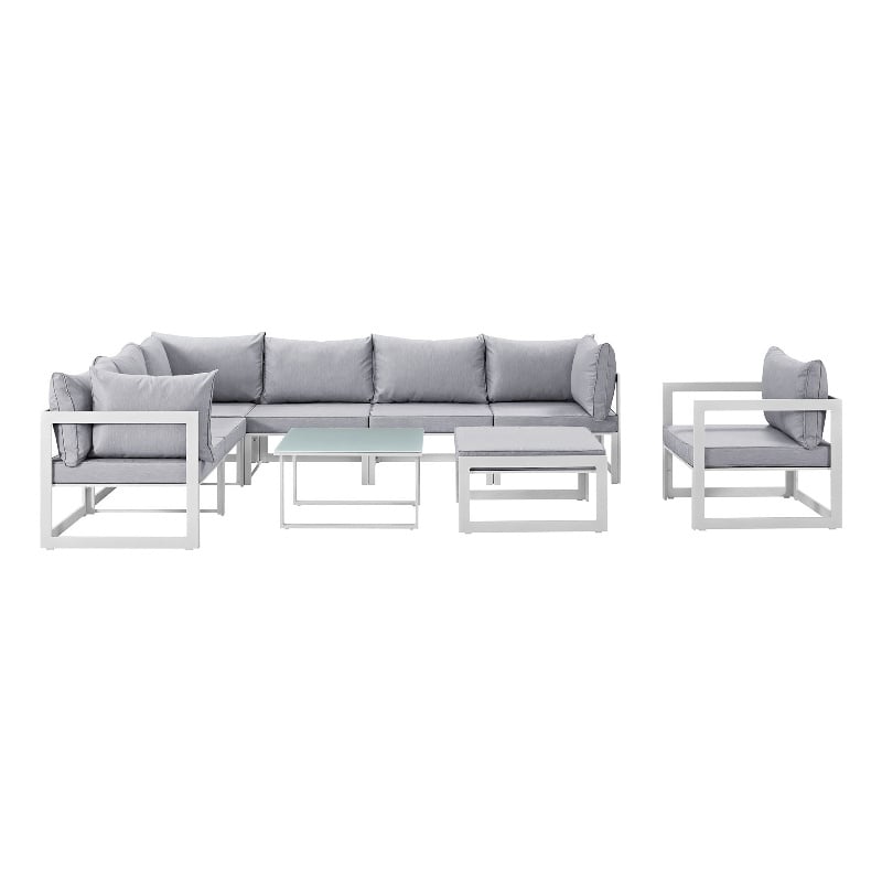 Modway Fortuna 9-Piece Aluminum Fabric Patio Sectional Sofa Set in White/Gray