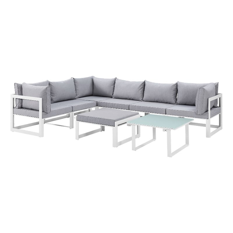 Modway Fortuna 8-Piece Fabric Patio Sectional Sofa Set in White and Gray