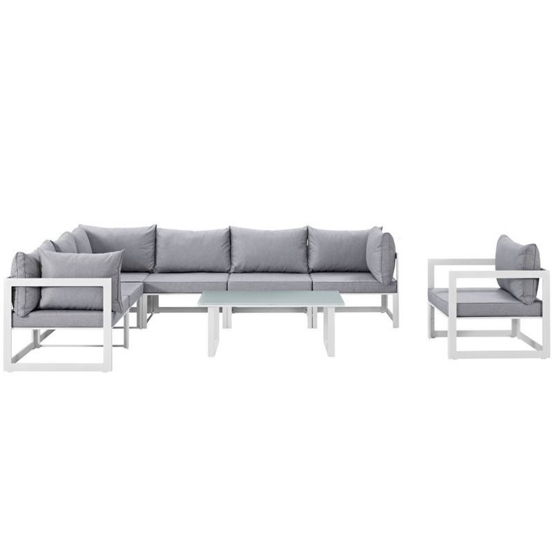 Modway Fortuna 8-Piece Aluminum Fabric Patio Sectional Sofa Set in White/Gray