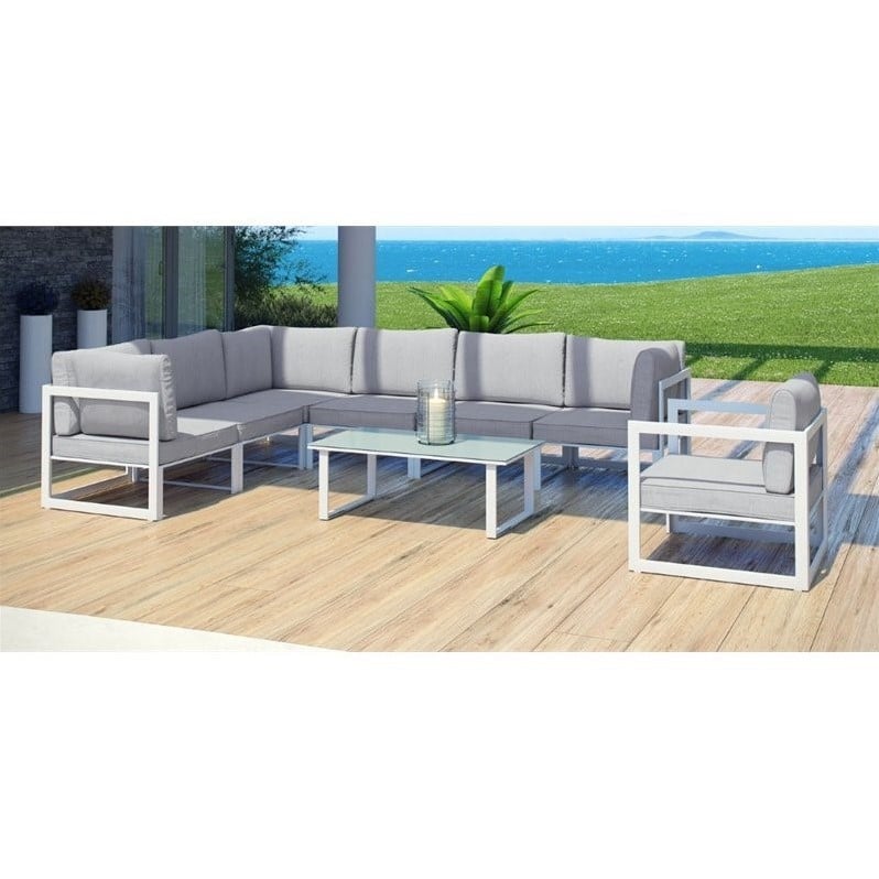 Modway Fortuna 8-Piece Aluminum Fabric Patio Sectional Sofa Set in White/Gray