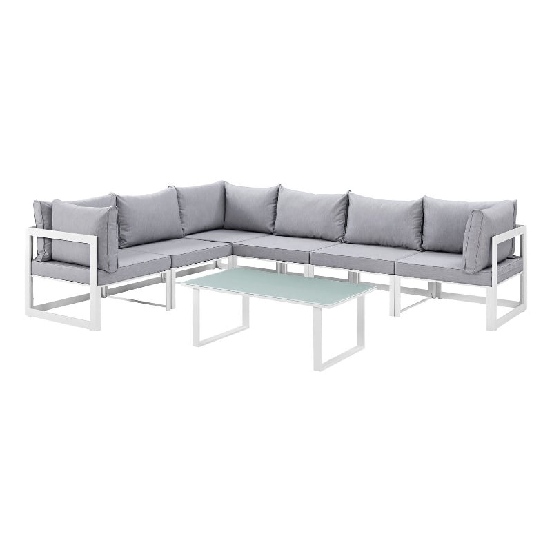 Modway Fortuna 7-Piece Aluminum Fabric Patio Sectional Sofa Set in White/Gray