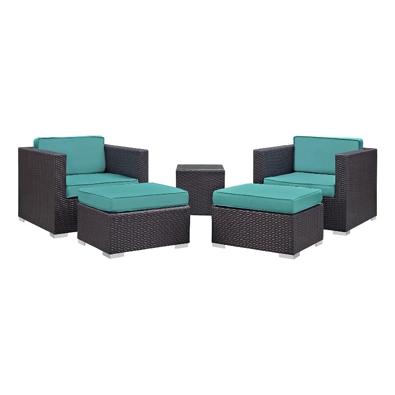 Modway Convene 5-Piece Aluminum Rattan Patio Sectional Set in Espresso/Turquoise