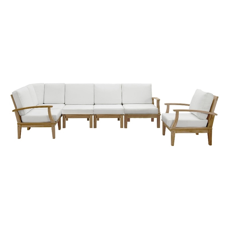 Modway Marina 6-Piece Solid Teak Wood Patio Sofa Sectional Set in Natural/White