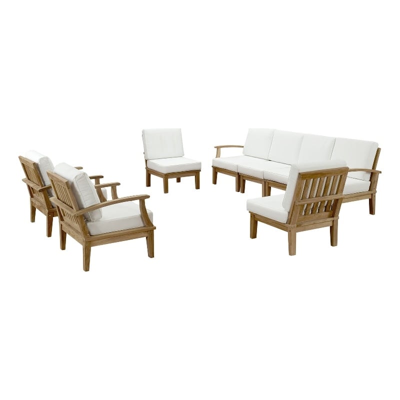 Modway Marina 8 Piece Outdoor Teak Sofa Set in Natural and White
