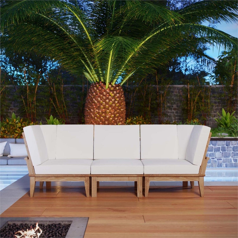 Modway Marina 3 Piece Outdoor Teak Sofa Set in Natural and White