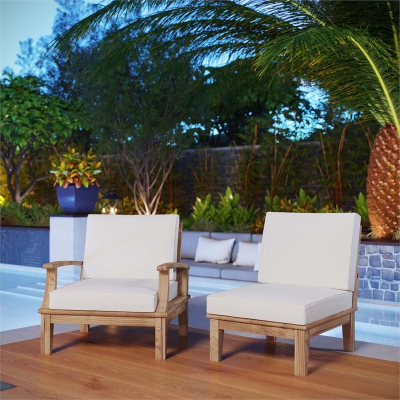 Modway Marina Outdoor Teak Chairs in Natural and White (Set of 2)