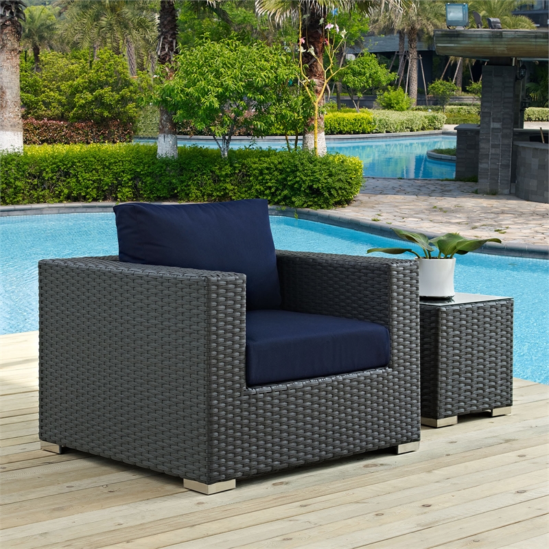 Modway Sojourn Aluminum and Rattan Patio Armchair in Canvas/Navy