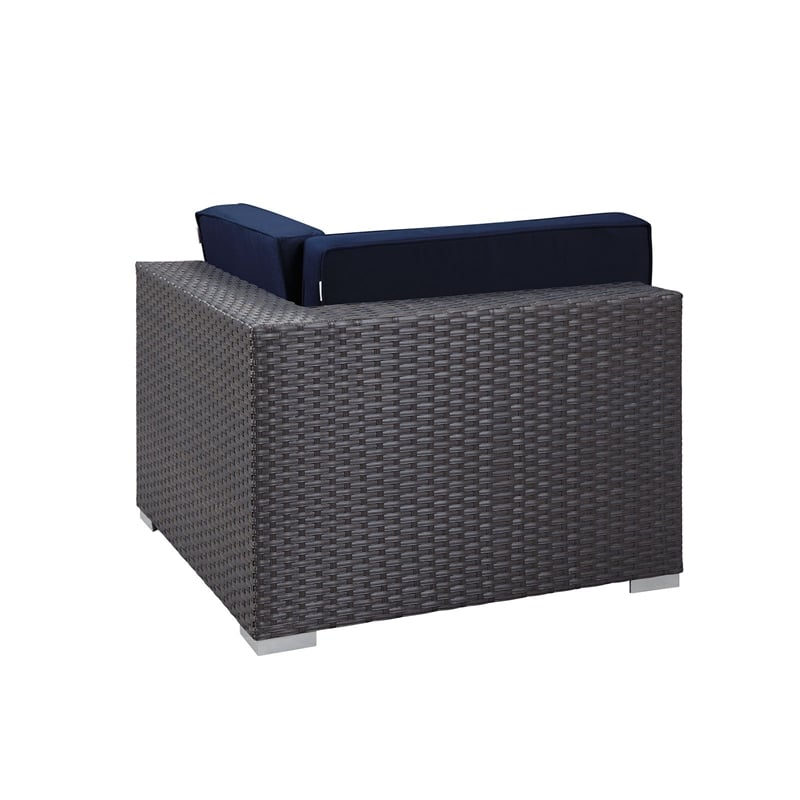 Modway Sojourn Aluminum Fabric and Rattan Patio Corner Sofa Chair in Canvas/Navy