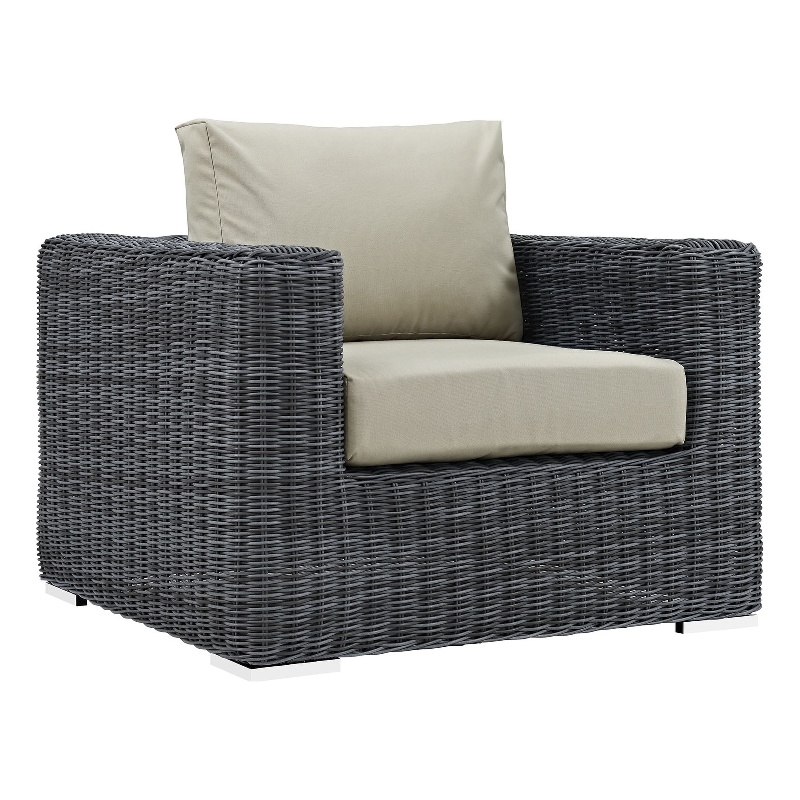 Modway Summon Aluminum Fabric and Rattan Patio Armchair in Canvas/Beige