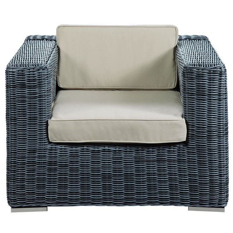 Modway Summon Aluminum Fabric and Rattan Patio Armchair in Canvas/Beige