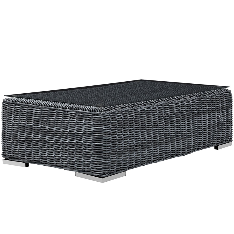 Modway Summon Aluminum and Rattan Glass Top Patio Coffee Table in Gray