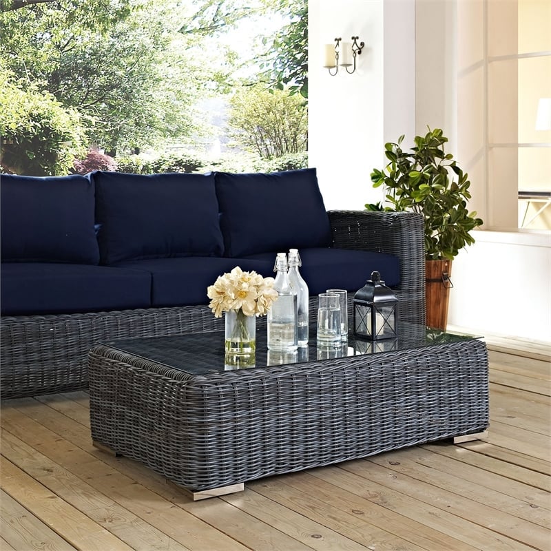Modway Summon Aluminum and Rattan Glass Top Patio Coffee Table in Gray