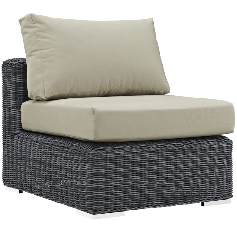Modway Summon Aluminum and Rattan Patio Armless Sofa Chair in Canvas/Beige