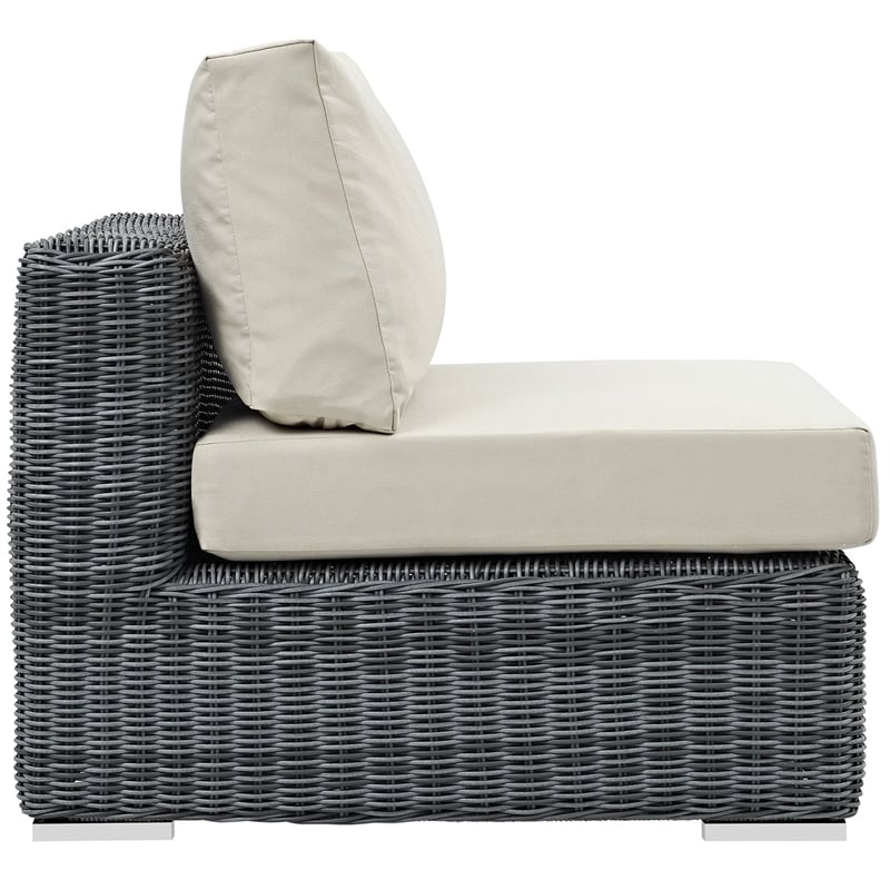 Modway Summon Aluminum and Rattan Patio Armless Sofa Chair in Canvas/Beige