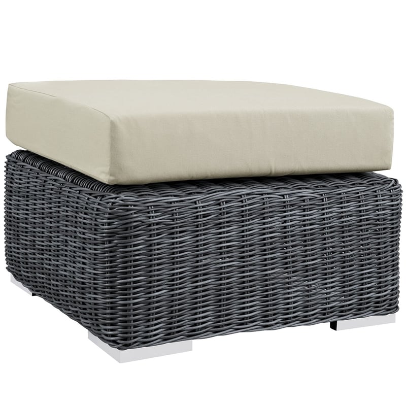 Modway Summon Aluminum and Rattan Patio Ottoman in Canvas/Beige