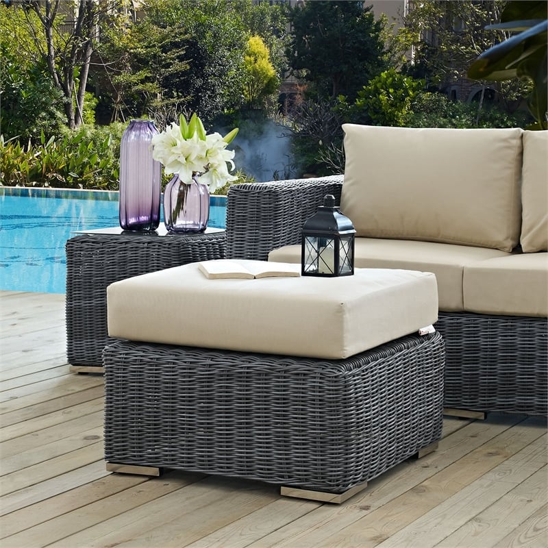 Modway Summon Aluminum and Rattan Patio Ottoman in Canvas/Beige